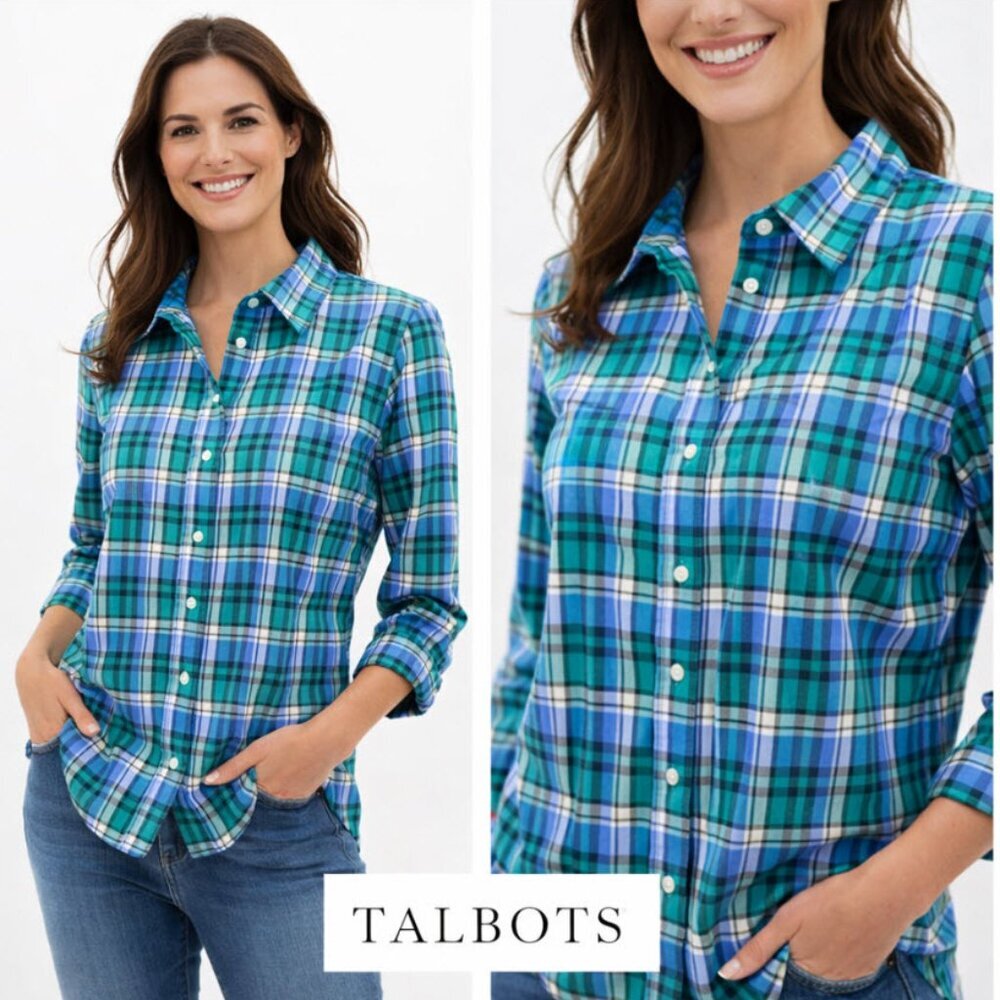 Talbots Blue Plaid button down shirt medium Preppy Cottagecore Casual Weekend